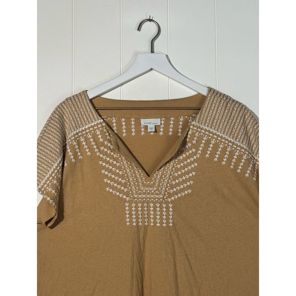 Purejill Elements Embroidered V Neck Top Women's M Tan Cotton Linen Blend Tee - Picture 7 of 7